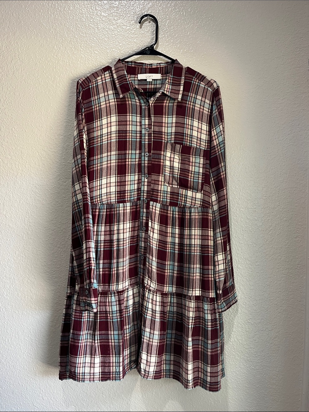 LOFT Burgundy Plaid Long-Sleeve Tiered Shirt Midi Dress Sz L boho Cottage core